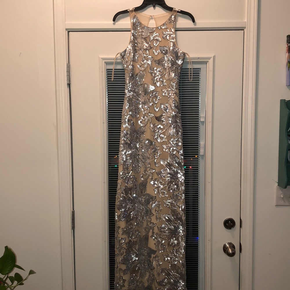 Badgley Mischka Nude and Silver Sequin Evening Gown